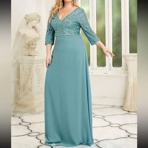 Plus sequin 3/4 sleeve Formal Prom Evening Party Wedding Dress - Picture 3 of 4